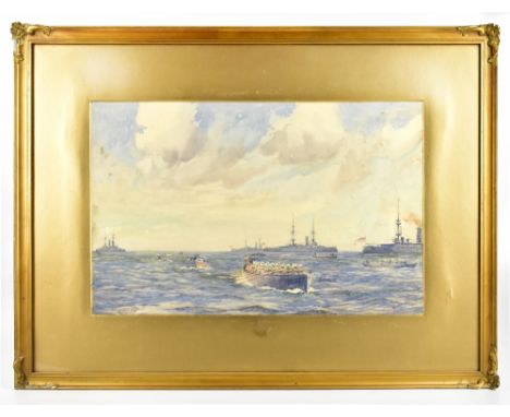 NORMAN WILKINSON (1878-1971); watercolour, military rowing boats beside British war ships, signed lower left, 32.5 x 50cm, fr