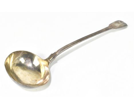WILLIAM CHAWNER II; a George IV hallmarked silver ladle, decorated in the Fiddle, Thread and Shell pattern, with engraved fam