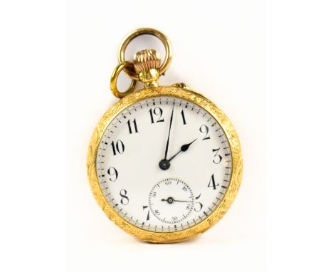 An 18ct yellow gold crown wind fob watch with white enamel dial set with Arabic numerals and subsidiary seconds hand, the cas