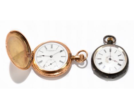 KATTELLE BROS BOSTON; a gold plated crown wind full hunter pocket watch, the white enamelled dial set with Roman numerals and