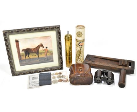 A mixed lot collectors' items including a oak crow scarer, a boxed Albanian coffee grinder, a pair of 8X binoculars, etc.