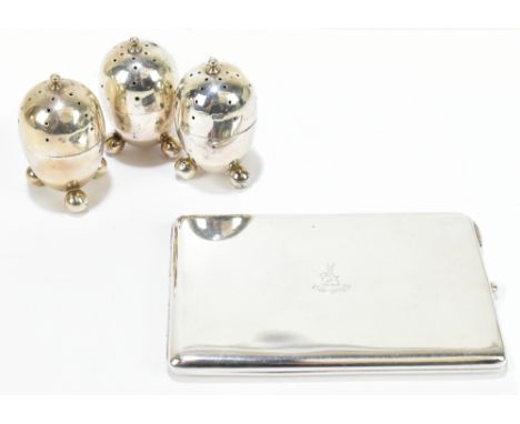 HAMILTON &amp; CO; a George V hallmarked silver cigarette case, Chester 1922, length 12.5cm, with three egg shaped silver cru