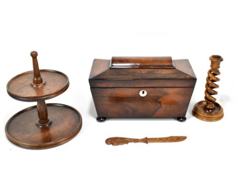 A Victorian mahogany tea caddy, the hinged cover enclosing two compartment and replacement mixing bowl, together with a 19th 