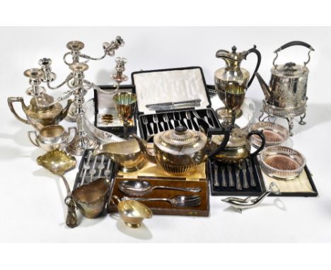 A collection of 19th century and later silver plated items to include an oval galleried tray, a pair of bottle coasters, two 