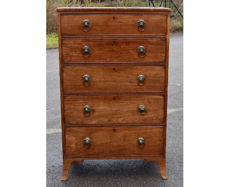 A 19th century inlaid mahogany chest of five drawers of narrow proportions, terminating on bracket feet, width 84cm, depth 48