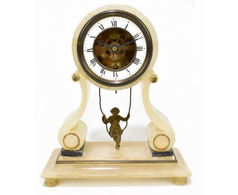 An early 20th century French alabaster swinging girl mantel clock, the enamel dial set with Roman numerals, the movement sign