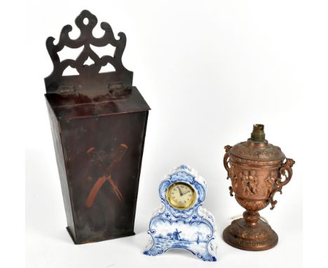 A 19th century inlaid mahogany knife box, the front inlaid with a knife and fork, height 52cm, with a Dutch Delft blue and wh