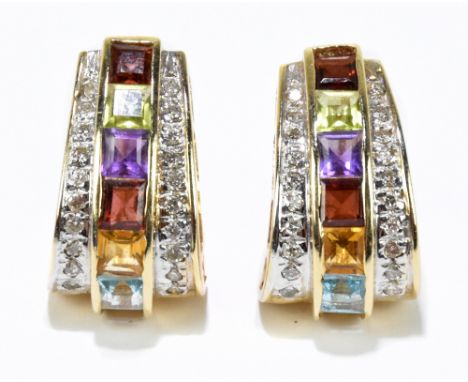 A pair of 14ct yellow gold diamond and multi gem set earrings, length 24mm, combined approx 12.9g.Additional InformationIn go