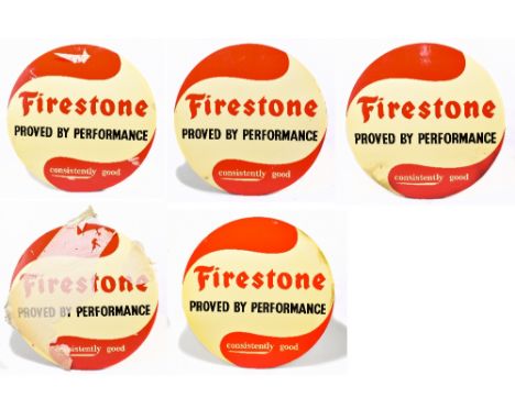 Five vintage advertising circular card signs 'Firestone - Proved by Performance, Consistently Good', diameter 53cm (5).