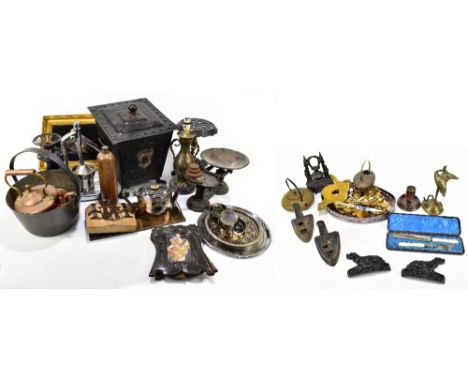 A large quantity of metalware including a coal bin, brass preserve pan, copper kettle, trivet, also printing block, a set of 