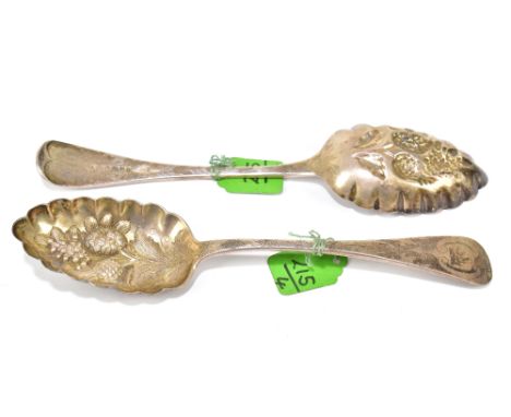 ROBERTS &amp; BELK; a pair of Victorian hallmarked silver berry spoons, with chased decoration and family motto to handles, S