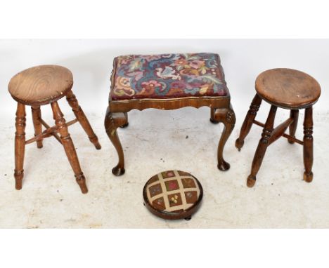 Two 19th century elm seated stools, height of largest example is 52cm, together with an Edwardian mahogany framed dressing ta