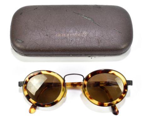 GIORGIO ARMANI;&nbsp; a pair of vintage tortoiseshell round rimmed sunglasses with logo to sides, and dark brown lenses, with