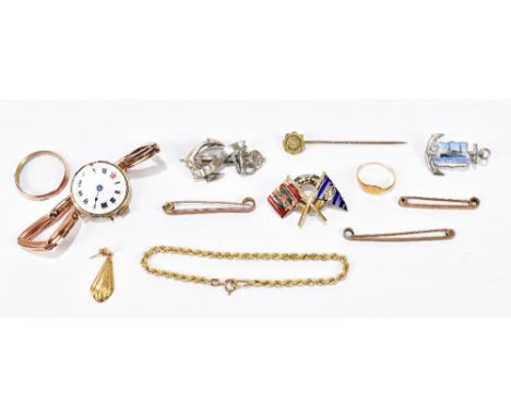 A 9ct rose gold wristwatch with expandable strap, the enamel dial set with Roman numerals, also jewellery including 9ct yello