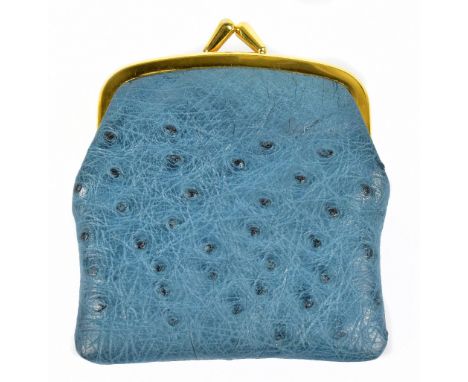 A light blue ostrich leather coin purse with gold tone top and top closure and zip fob to front and lined with soft black cal