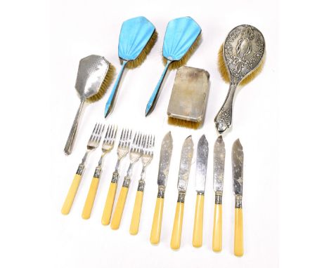 A pair of hallmarked silver and guilloche enamel hair brushes, together with three further silver backed brushes and a select
