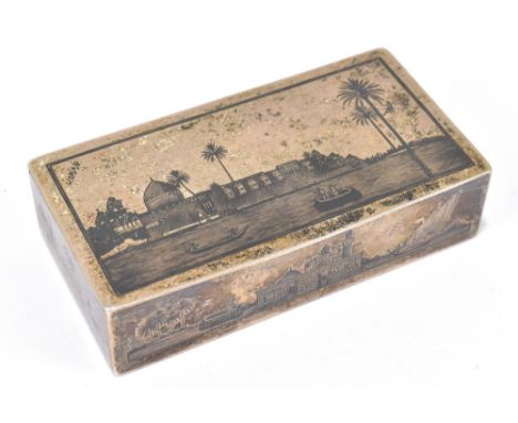 An Eastern white metal niello snuff box of rectangular form, decorated with a palace beside a river, width 10cm, approx weigh