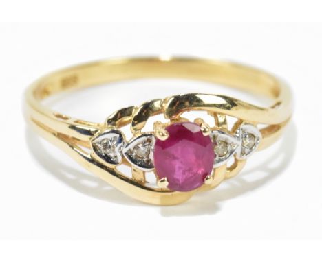 A 14ct gold ruby and diamond set ring, size O, 1.5g.