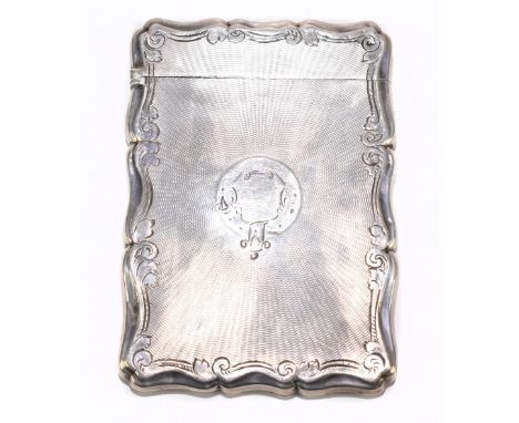 NATHANIEL MILLS; a Victorian hallmarked silver card case with bright cut edge and engine turned decoration surrounding a shap