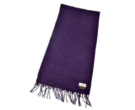 HERMÈS; a 100% cashmere long purple scarf with tasselled ends, and with a&nbsp;Hermès name tag to one end.&nbsp;Additional In