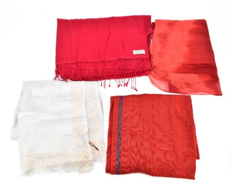 UNMADE; a grey 100% wool long scarf shot with gold trim to the edge, with fringed edges, a red pashmina and silk long scarf w
