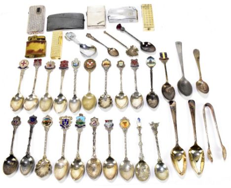 An assortment of collectors' spoons together with six vintage lighters and a calling card case with enamel detailing.