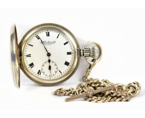 JAMES WALKER OF LONDON; a hallmarked silver crown wind half hunter pocket watch, the circular enamel dial set with Roman nume