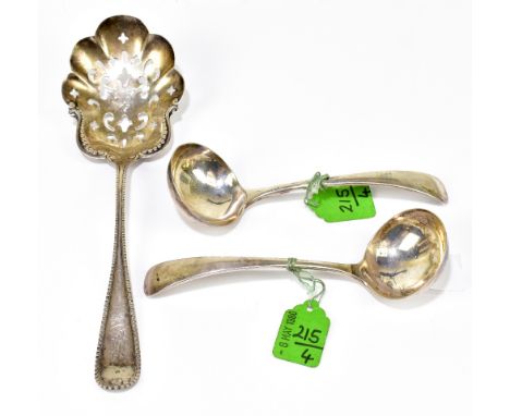 WALKER &amp; HALL; a pair of George V hallmarked silver sauce ladles, Sheffield 1921, together with a sterling silver serving