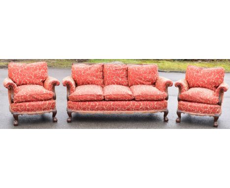 A reproduction mahogany framed bergere suite with double cane backs comprising three seater sofa and a pair of armchairs, rai