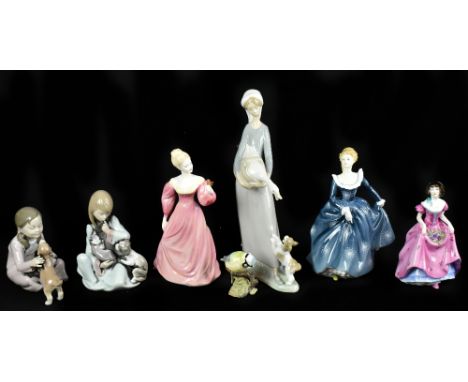 LLADRO; three assorted figures including a maiden holding a goose, height 28cm, together with three further ceramic figures i