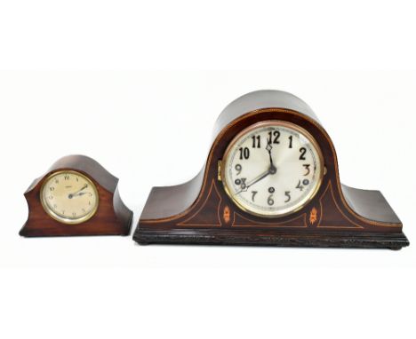 An Edwardian mahogany chevron strung Napoleon hat mantel clock with Arabic numerals to the dial, length 45cm and a small mant