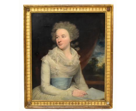 19TH CENTURY ENGLISH SCHOOL; portrait study believed to be Mrs Henry Wilson, holding a pen in her right hand, with landscape 