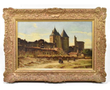 19TH CENTURY CONTINENTAL SCHOOL; oil on canvas, figures beside castle, apparently unsigned, 32 x 51cm, in an ornate gilt fram