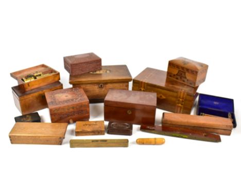 A Victorian mahogany sewing box with Tunbridge ware inlaid decoration and a selection of further treen items and boxes includ