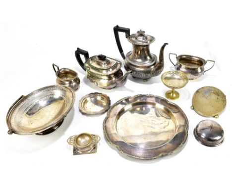 A mixed group of assorted silver plate including a four piece tea service, shaped dish, etc.