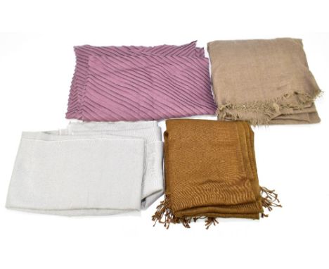 EILEEN FISHER; a mulberry coloured 100% wool pleated scarf, a James Lakeland 100% wool grey scarf with fringed edges, a brown