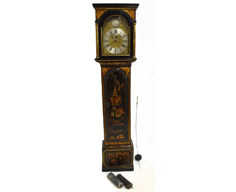 An 18th century and later decorated lacquered eight day longcase clock, the arched brass dial with silvered chapter ring and 