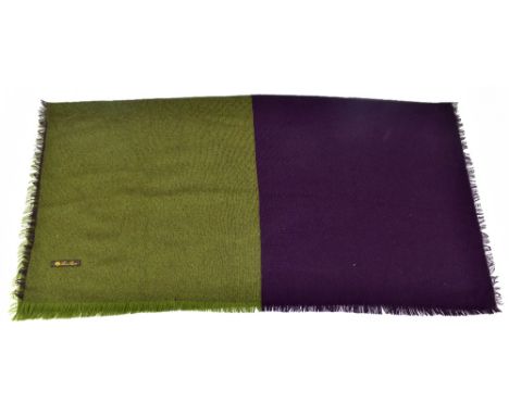 LORO PIANA; a 100% cashmere square purple and khaki green woven scarf with fringed edging.Additional InformationThe scarf is 