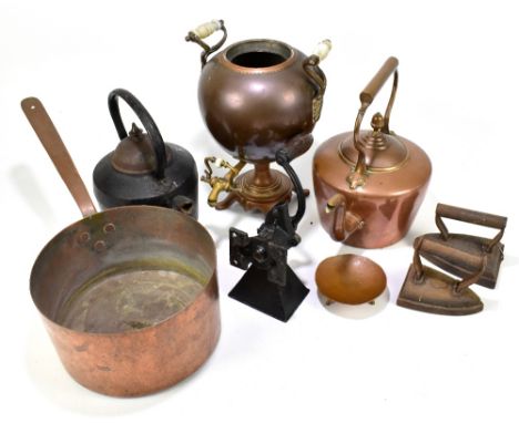 A late 19th century copper pan, also further metalware including copper kettle, copper tea urn (lacking cover) iron kettle, t