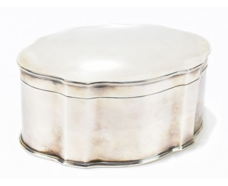 A George V hallmarked silver biscuit box of shaped oval form with simple hinged lid, Sheffield 1927, length 18.5cm, approx 23