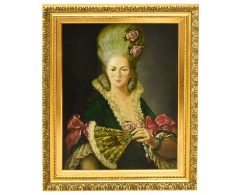 19TH CENTURY ENGLISH SCHOOL; oil on canvas, portrait of a woman with roses in her hair and holding a fan, unsigned, 60 x 45cm