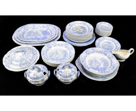 IRONSTONE; a 19th century 'Italian Scenery' pattern blue and white forty-one piece part dinner service, to include two sauce 