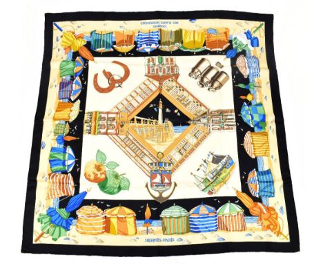 HERMÈS; a 100% silk 'Charmes des Plages Normandes 90' scarf designed by Loic Dubigeon, in black, cream, green and gold with a