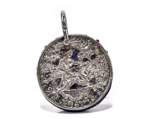 CORNELIUS DESORMEAUX SAUNDERS &amp; JAMES FRANCIS HOLLINGS; a Victorian hallmarked silver wheel pin cushion with suspension l