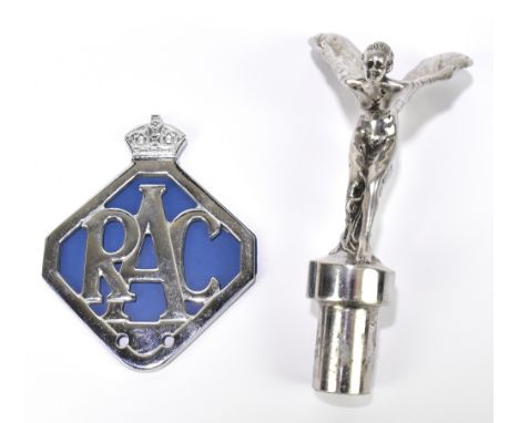 ROLLS ROYCE INTEREST; a silvered metal Spirit of Ecstasy, height 15cm, together with an RAC car badge (2).Additional Informat