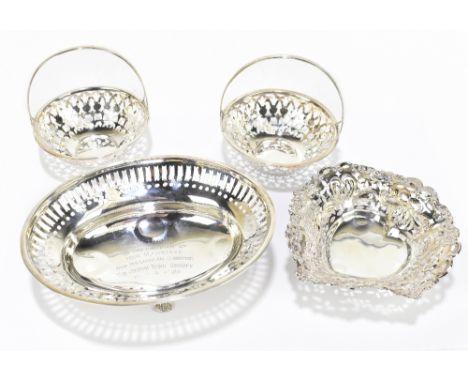 SYNYER &amp; BEDDOWES; a pair of George VI hallmarked silver baskets with pierced decoration, Birmingham 1946, together with 
