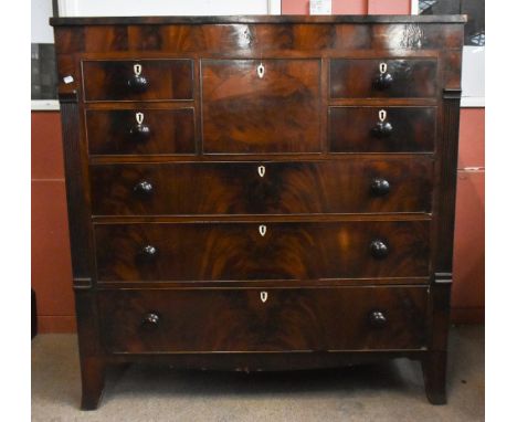 A Victorian mahogany seven drawer chest of drawers with ivory escutcheons, on bracket feet, width 121cm, depth 49.5cm, height