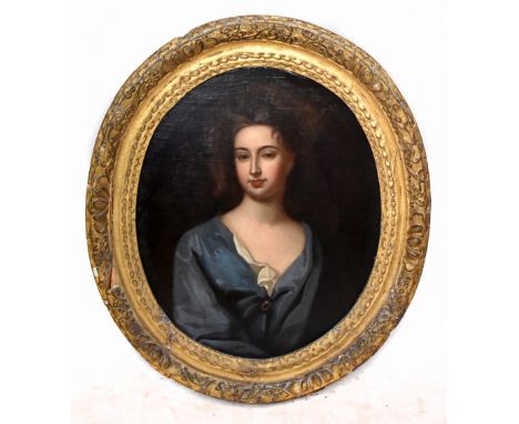 18TH CENTURY ENGLISH SCHOOL; oval oil now laid on board, portrait study of a young woman wearing blue dress, unsigned, 75 x 6