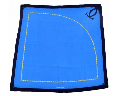 MUST DE CARTIER; a vintage 100% silk navy blue and electric blue scarf with chain pattern border, rolled stitched edges and 1