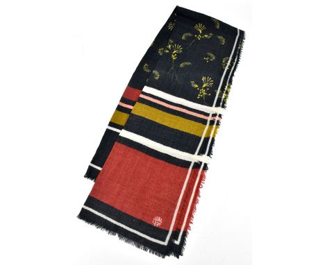 BAUM UND PFERDGARTEN; a 100% wool woven black, beige, rust red and cream woven scarf embellished with flowers and fan shapes,